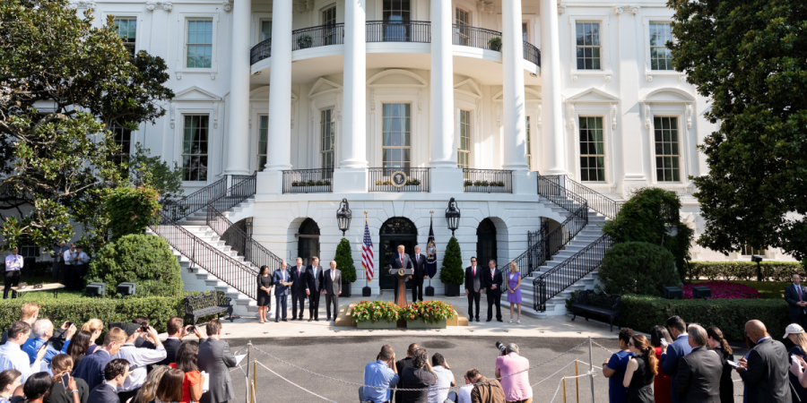 President Donald Trump gives speech in front of the United States White House