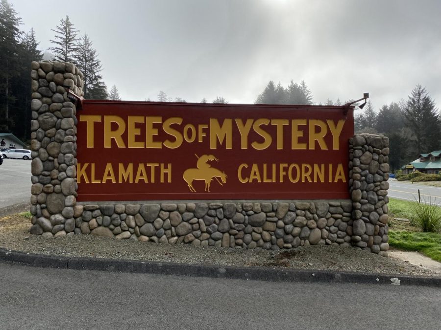 The welcoming sign in front of The Trees of Mystery forest park.