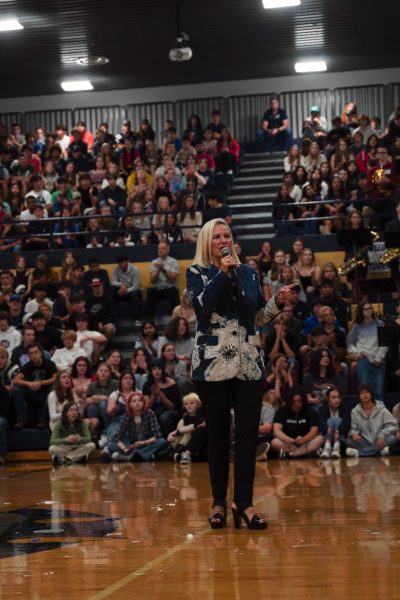 Mrs. Orsborn during the first assembly or the 2023-24 school year announcing that she would be leaving WAHS 