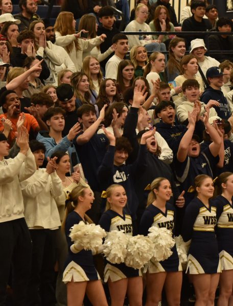 The student section erupts in cheers during the West Albany varsity boys basketball game against the Thurston Colts in the first round of the playoffs on March 1.