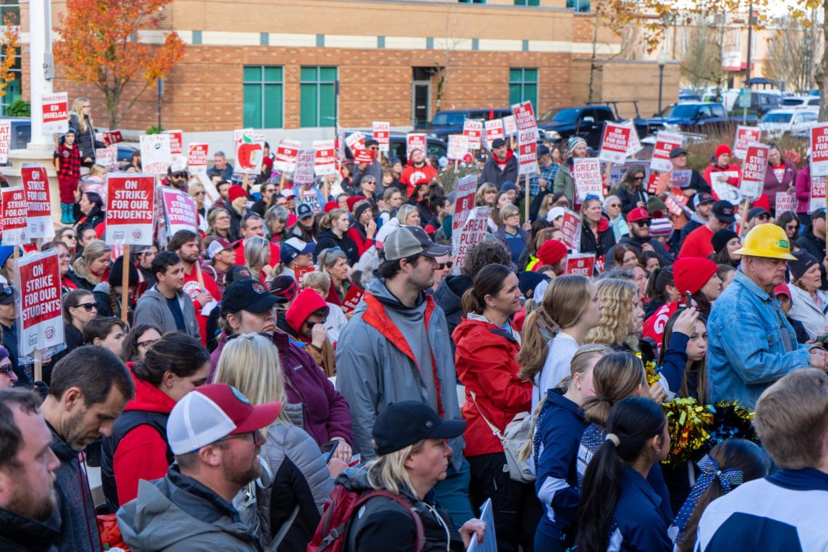 Community members and strikers gathered in front of the Albany Courthouse at 1:00 p.m.