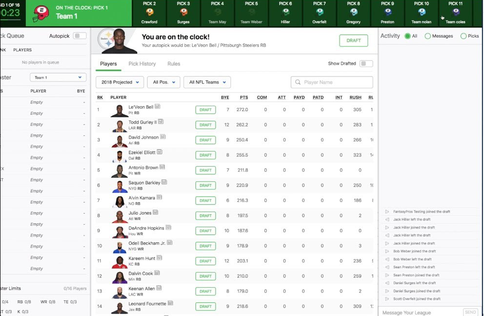 Drafting screen of ESPN's Fantasy Football app