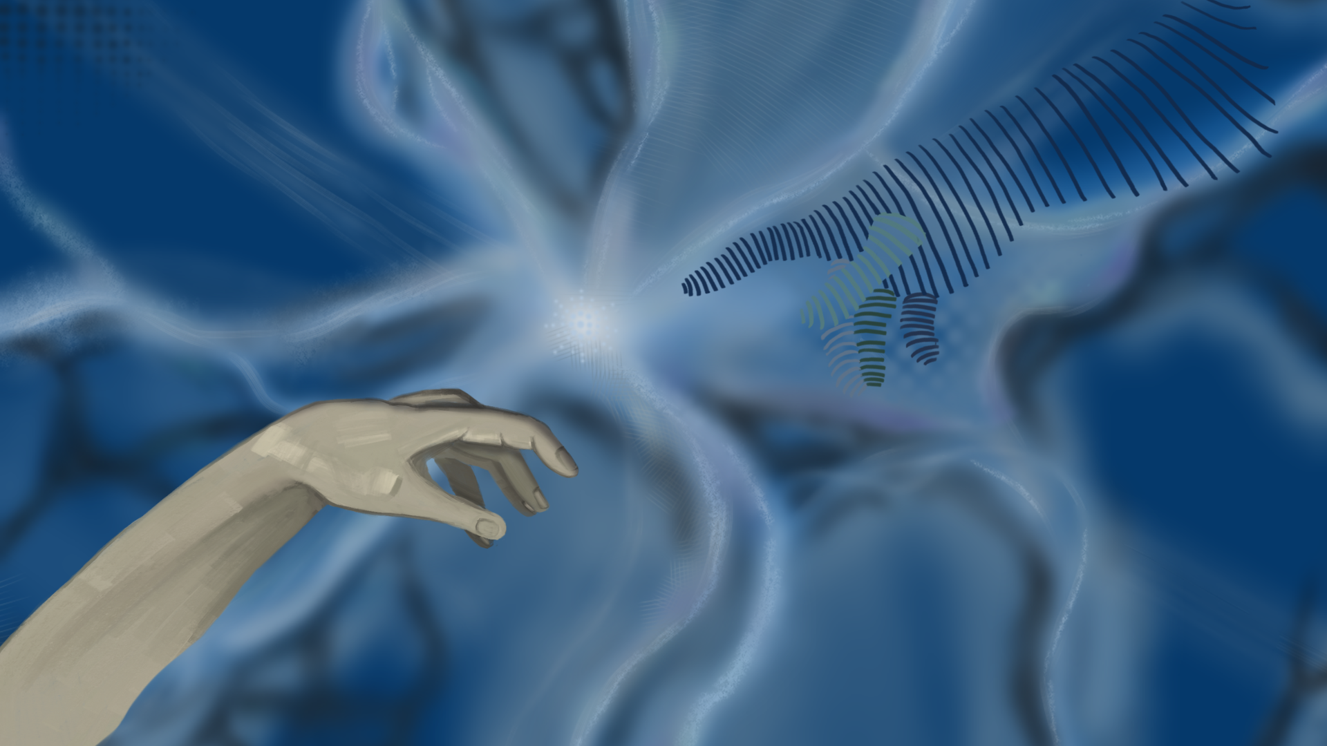 Art of human hand reaching for a robotic one.