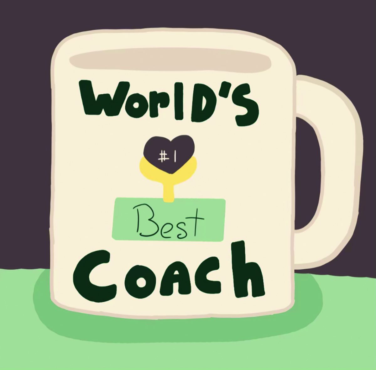Illustration of a "#1, Worlds Best Coach" mug.