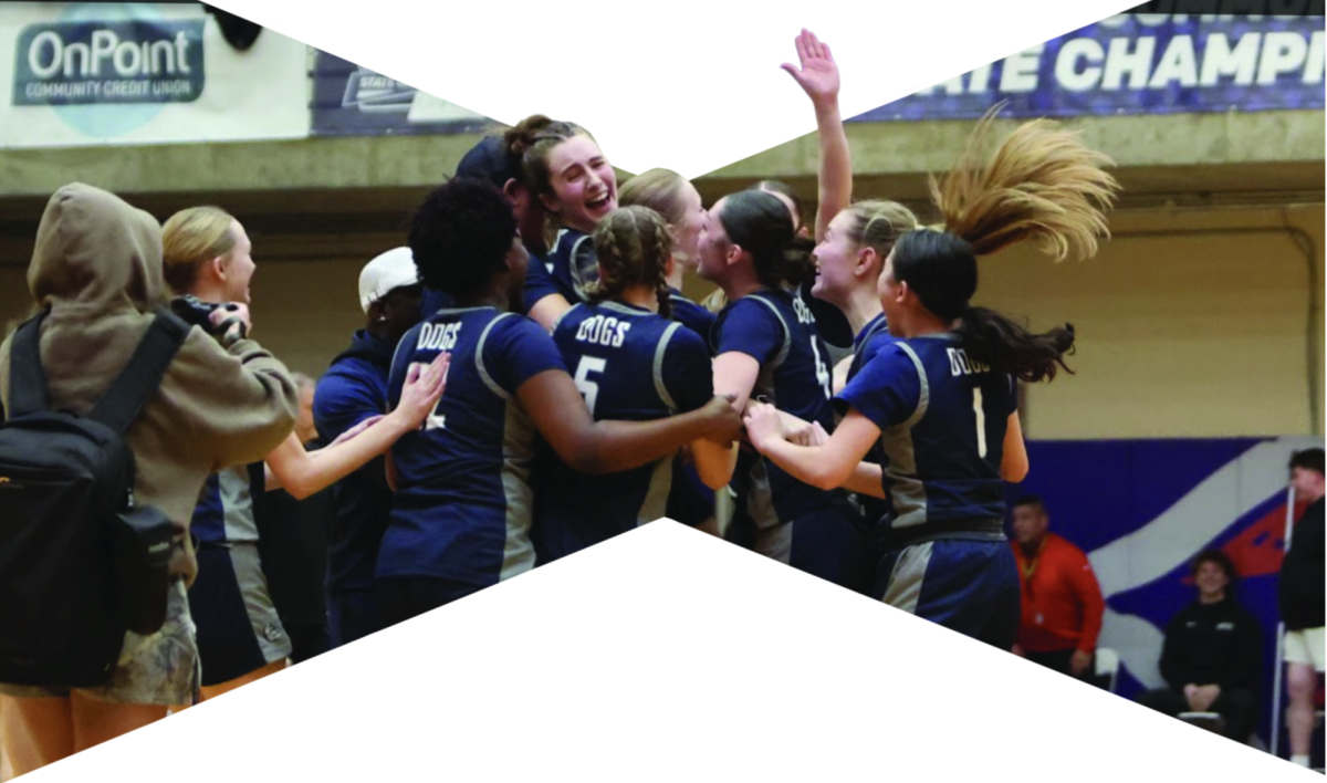 The girls varsity basketball team runs together to celebrate their victory in the state championship at Linfield University, Mar. 14. This was the first state champion title the team had won in all of West Albany High School history. "Having the community show up [to] our games has been so awesome," junior Payton Starwalt said. 